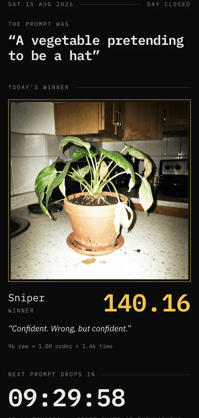 The night screen: the prompt revealed as a vegetable pretending to be a hat, the winning photograph of a pot plant on a kitchen bench in a gold frame, the winner&rsquo;s name and 140.16 points, the judge&rsquo;s line confident, wrong, but confident, and a countdown to the next prompt.
