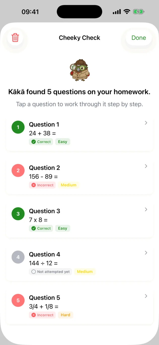 The Cheeky Check screen: the kākā, dressed as a detective, has found five questions on a photographed homework page and marked three correct and two incorrect.