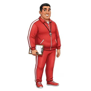 Coach Tama, drawn as a friendly cartoon character.