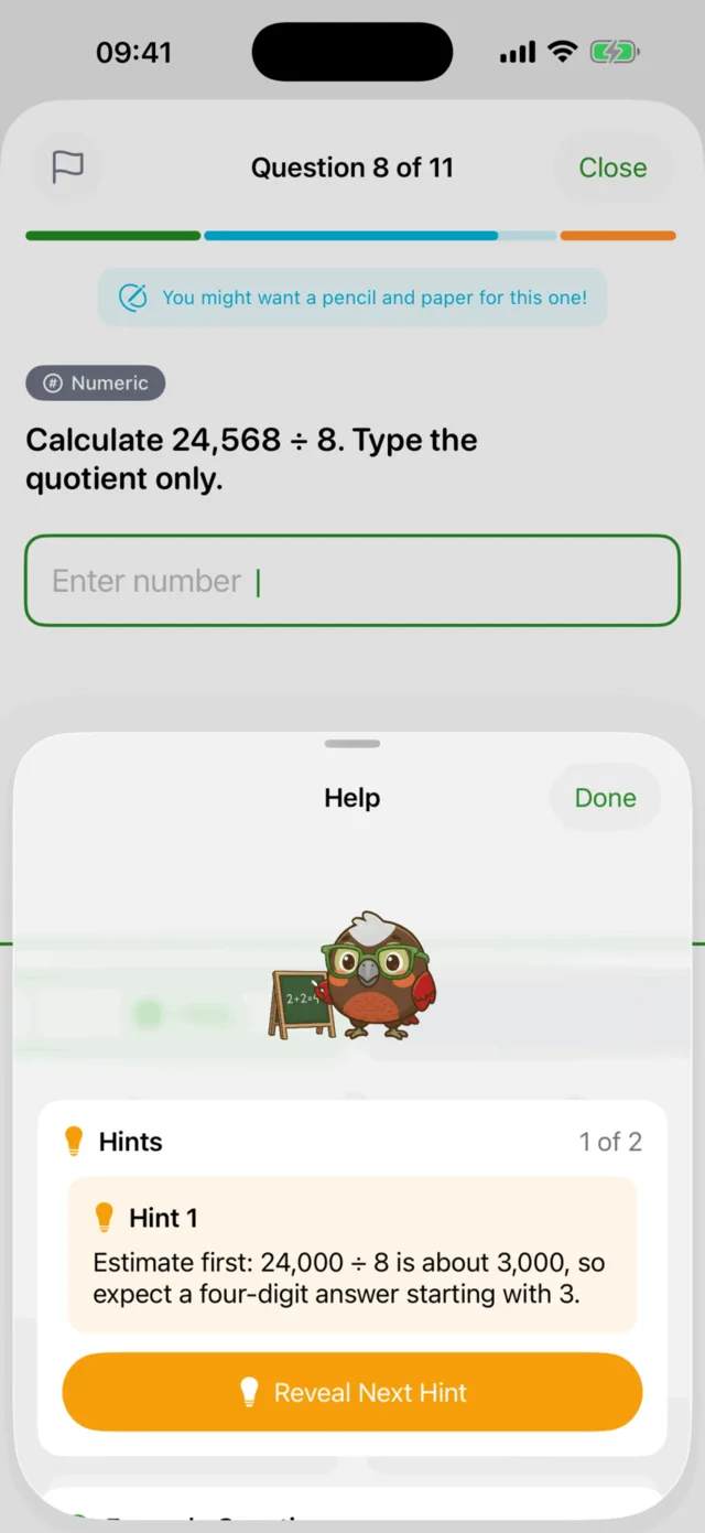 Kākā Math on an iPhone: a five-digit division question with the Help sheet open, showing hint one, which asks the child to estimate first.