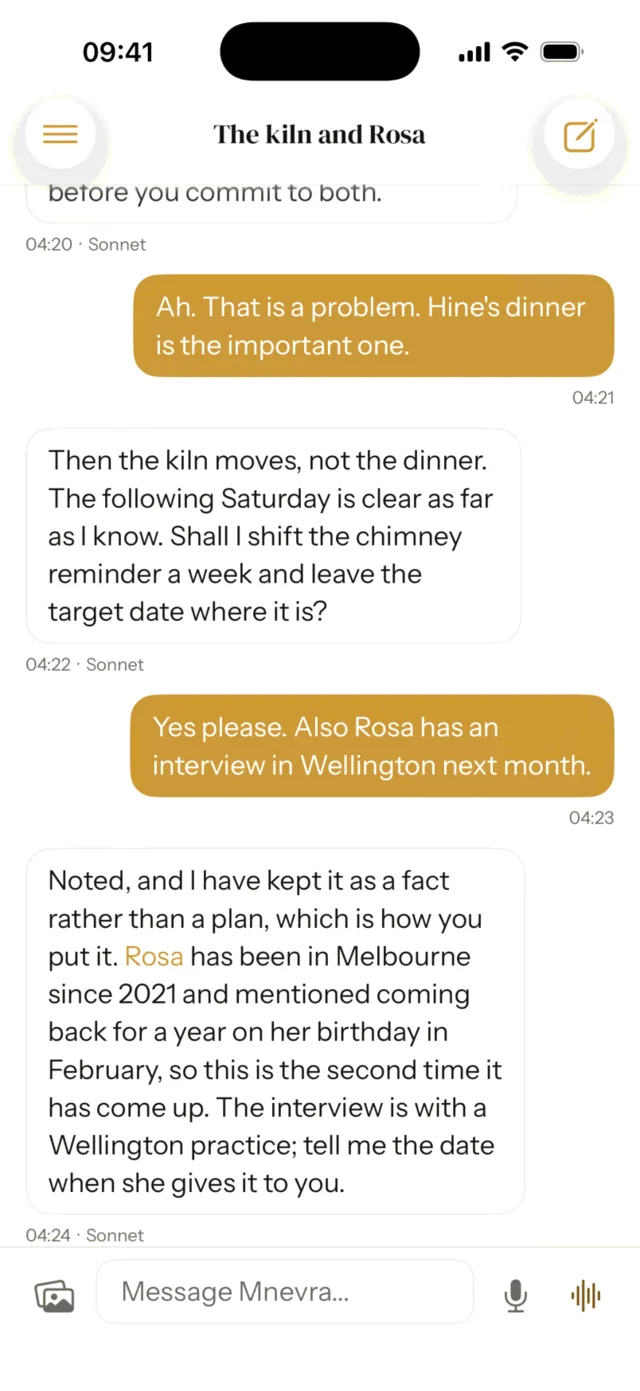 A Mnevra chat in which the assistant moves a kiln firing a week to clear a dinner, then records a daughter&rsquo;s interview as a fact rather than a plan and notes it is the second time it has come up.