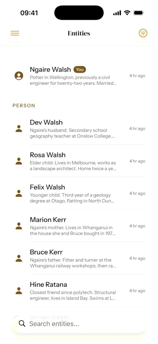 The Entities screen: a list of the people Mnevra knows, each with a one-line summary of who they are and when they last came up.