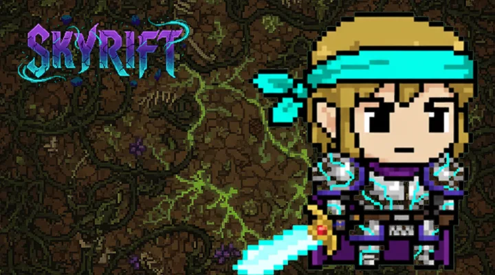 SkyRift key art: a lone Sky-Strider on a floating island above the Aether