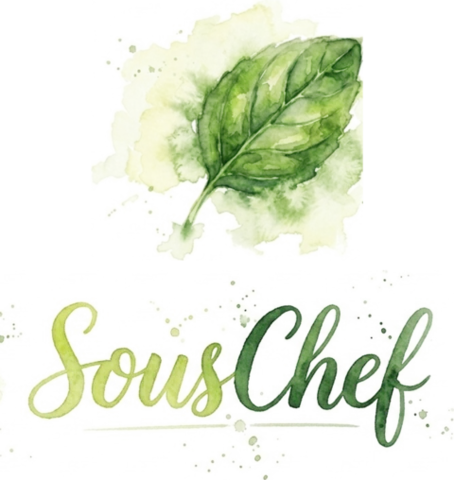 The current SousChef wordmark: a watercolour basil leaf above a brush-script &ldquo;SousChef&rdquo;.