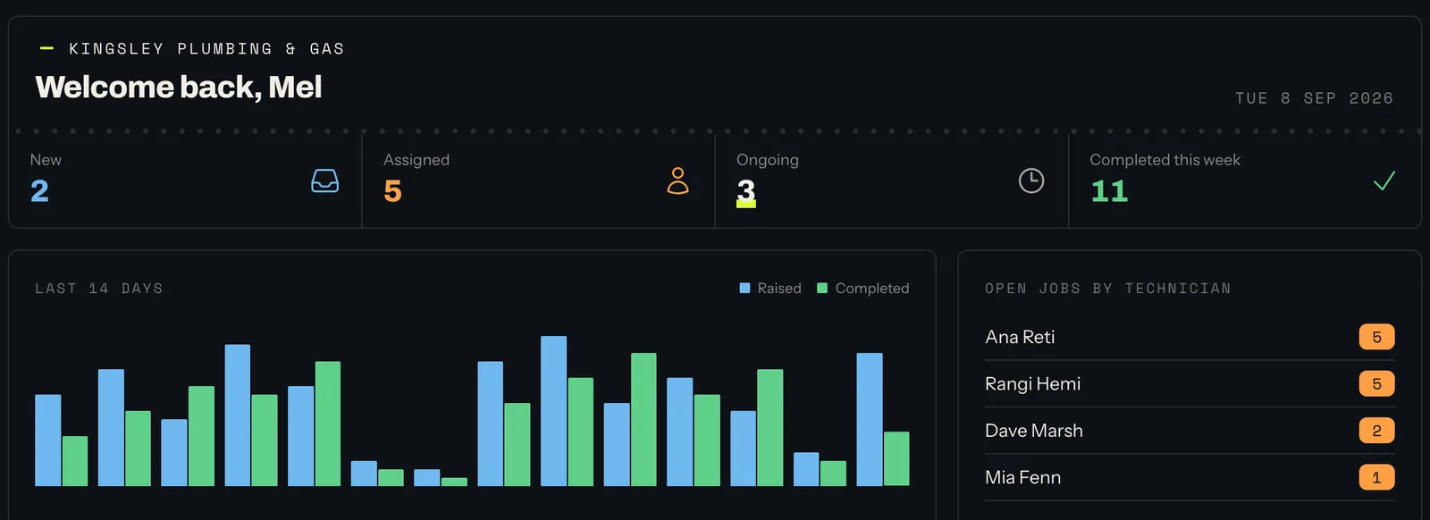 The office dashboard for a plumbing firm: counts of new, assigned, ongoing and completed jobs, a fortnight of raised against completed work, and open jobs listed by technician.