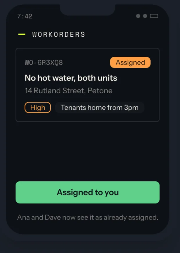 The field app showing a job for no hot water at both units of a Petone address, marked high urgency, with a note that tenants are home from 3pm and a green confirmation that the job is now assigned to this technician.